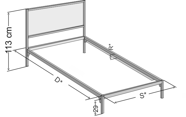 Wymiary szczegółowe metalowego łóżka jednoosobowego Ebru z jednym szczytem