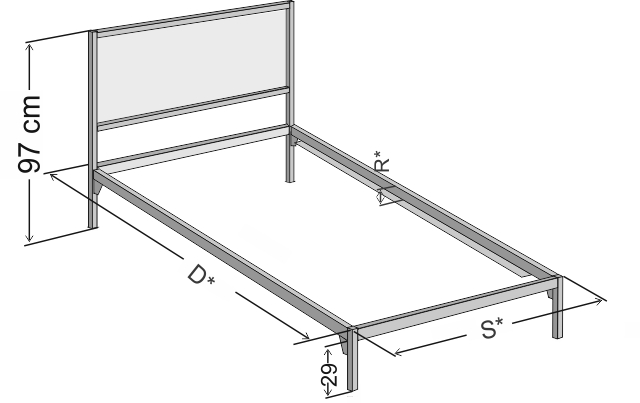 Dokładne wymiary jednoosobowego łóżka metalowego Folla w wersji z dwoma szczytami