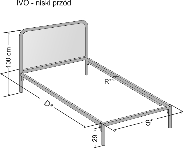 Rysunek schematyczny dokładnych wymiarów jednoosobowego łóżka metalowego Ivo w wersji z jednym szczytem