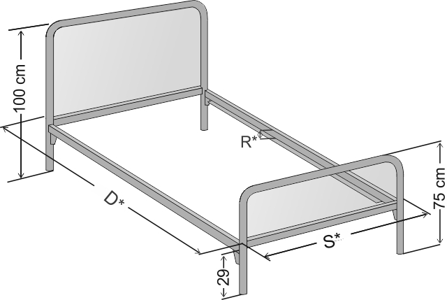 Dokładne wymiary jednoosobowego łóżka metalowego Ivo w wersji z dwoma szczytami