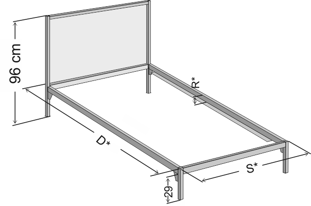Schemata wymiarów jednoosobowego łóżka metalowego Simply w wersji z jednym szczytem