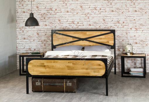 Łóżko drewniane z ramą metalową "Loft 3" z dwoma szczytami