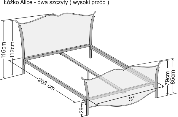 Schemat z dokładnymi wymiarami łóżka Slice z dwoma szczytami