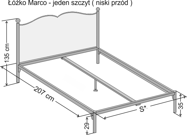 Wymiary łóżka kutego metalowego Marco wersja z jednym szczytem