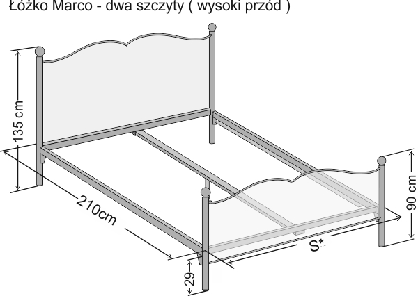 Wymiary łóżka kutego metalowego Marco wersja z dwoma szczytami