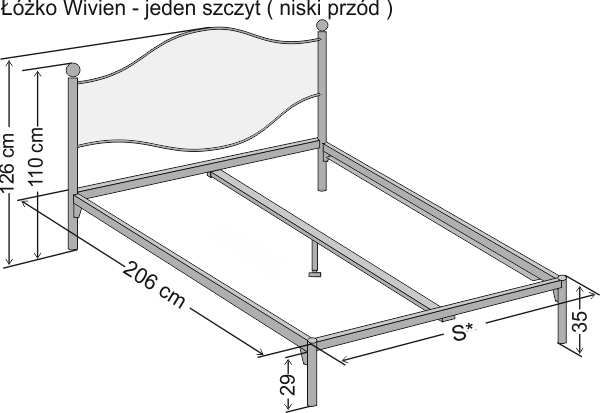 Wymiary łóżka kutego dwuosobowego Wivien z jednym szczytem