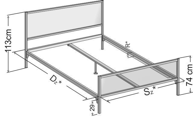 Dokładne wymiary łóżka metalowego Ebru z dwoma szczytami