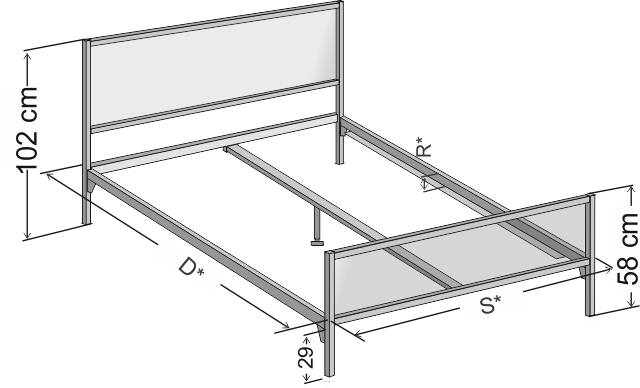 Dokładne wymiary nowoczesnego łóżka metalowego Stella w wersji z dwoma szczytami