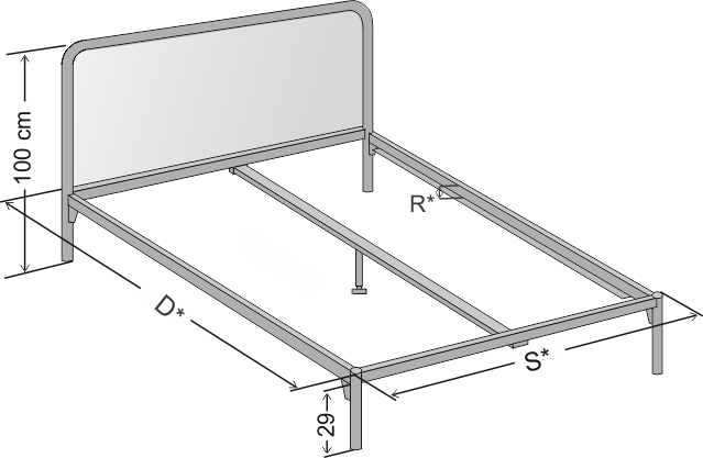 Dokładne wymiary łóżka metalowego Ivo w wersji z jednym szczytem