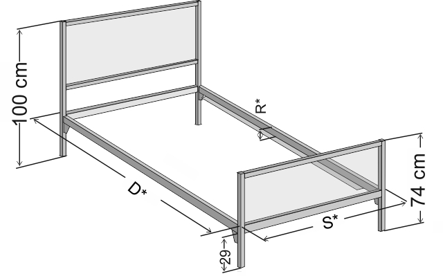 Schemat z dokładnymi wymiarami jednoosobowego łóżka industrialnego Loft w wersji z dwoma szczytami