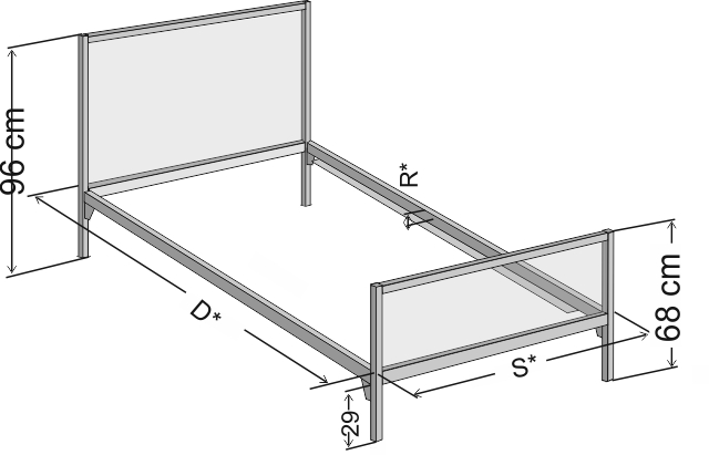 Schemat dokładnych wymiarów łóżka metalowego jednoosobowego Simply w wersji z jednym szczytem