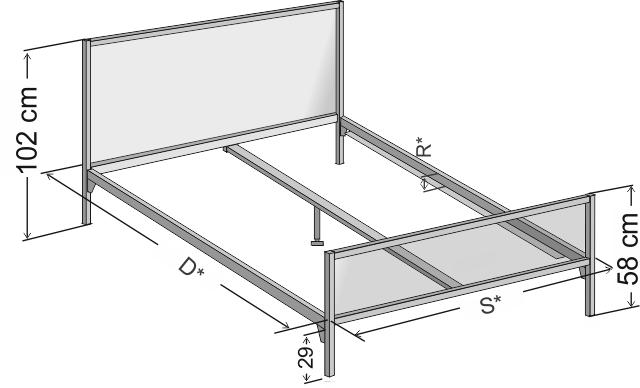 Dokładne wymiary nowoczesnego łóżka metalowego Stella w wersji z dwoma szczytami